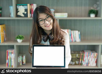 Business Asian girl showing a laptop with blank screen isolated,. Business Asian girl showing a laptop with blank screen isolated, person. Business Asian girl showing a laptop with blank screen isolated, person