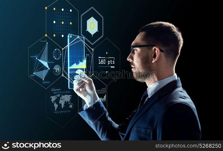 business, augmented reality and future technology concept - businessman in glasses working with transparent tablet pc computer and virtual screens projections over black background. businessman with tablet pc and virtual projections