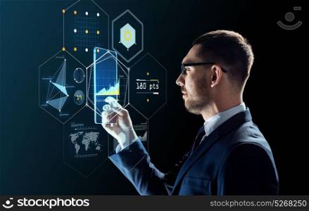 business, augmented reality and future technology concept - businessman in glasses working with transparent tablet pc computer and virtual screens projections over black background. businessman with tablet pc and virtual projections