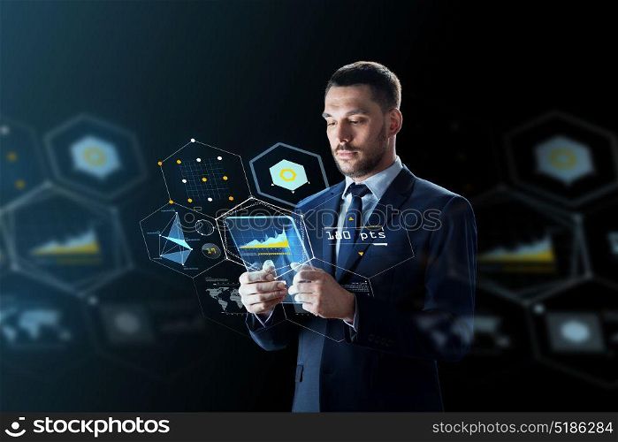 business, augmented reality and future technology concept - businessman in suit working with transparent tablet pc computer and virtual screens projections over black background. businessman with tablet pc and virtual projections