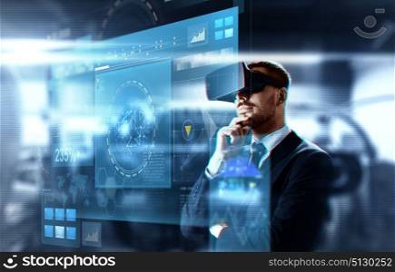 business, augmented reality and future technology concept - businessman in virtual headset and screen over abstract background. businessman in virtual reality headset and screen. businessman in virtual reality headset and screen
