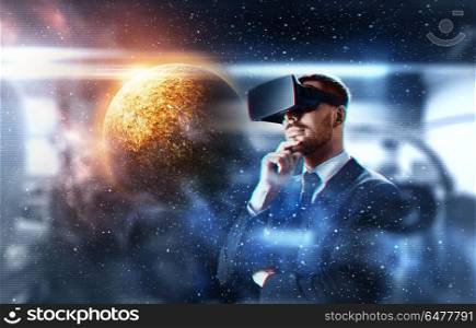 business, augmented reality and future technology concept - businessman in virtual headset and hologram of planet in space over abstract background. businessman in virtual reality headset over space. businessman in virtual reality headset over space