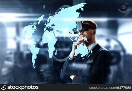 business, augmented reality and future technology concept - businessman in virtual headset with world map on screen over abstract background. businessman in virtual headset with world map. businessman in virtual headset with world map