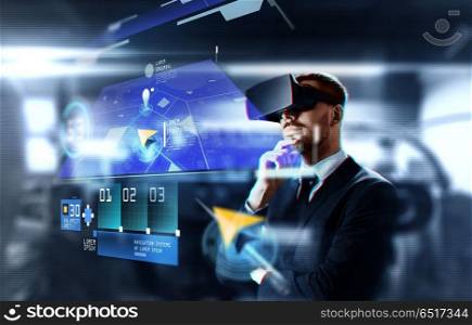 business, augmented reality and future technology concept - businessman in virtual headset with gps navigator map on screen over abstract background. businessman in virtual reality headset with gps. businessman in virtual reality headset with gps