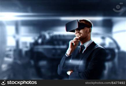 business, augmented reality and future technology concept - businessman in virtual headset over abstract background. businessman in virtual reality headset. businessman in virtual reality headset