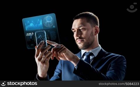 business, augmented reality and future technology concept - businessman working with transparent smartphone and virtual screens projections over black background. businessman with smartphone and virtual screen. businessman with smartphone and virtual screen