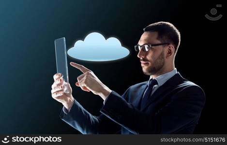 business, augmented reality and modern technology concept - businessman in glasses working with transparent tablet pc computer and cloud computing hologram over black background. businessman working with transparent tablet pc