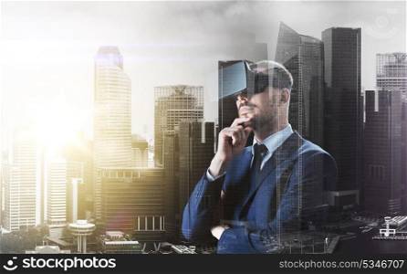 business, augmented reality and modern technology concept - businessman in virtual headset over city buildings background and double exposure effect. businessman in virtual reality headset over city