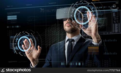 business, augmented reality and modern technology concept - businessman in vr glasses working with virtual screen hologram over black background. businessman in vr glasses using virtual screen