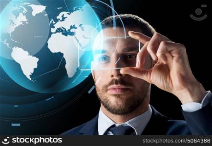 business, augmented reality and modern technology concept - businessman working with transparent smartphone and virtual earth globe hologram over black background. businessman with smartphone and virtual globe. businessman with smartphone and virtual globe