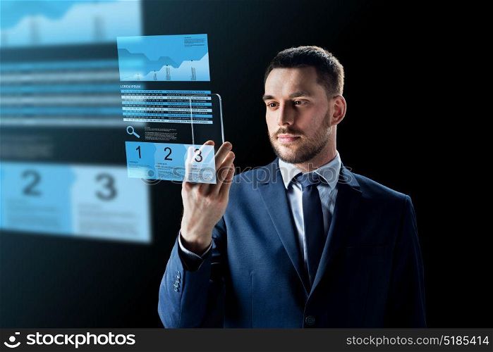business, augmented reality and modern technology concept - businessman working with transparent smartphone and virtual exchange charts projections over black background. businessman with smartphone and exchange charts