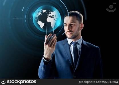business, augmented reality and modern technology concept - businessman working with transparent smartphone and virtual earth globe hologram over black background. businessman with smartphone and virtual globe