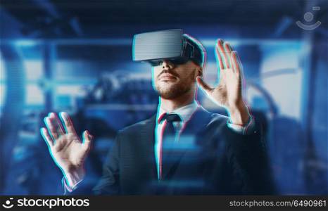 business, augmented reality and technology concept - businessman in virtual headset over abstract background. businessman in virtual reality headset. businessman in virtual reality headset