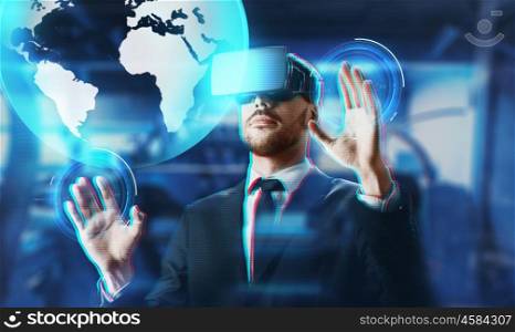 business, augmented reality and technology concept - businessman in virtual headset with earth hologram over abstract background. businessman in virtual reality headset with earth. businessman in virtual reality headset with earth