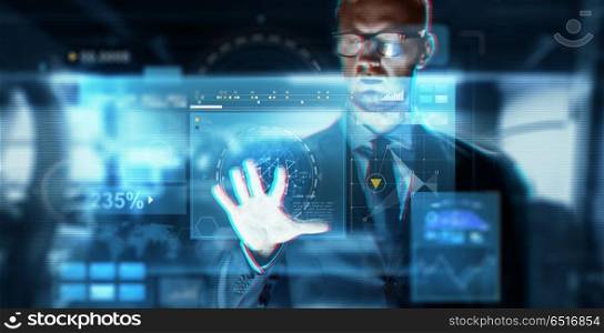 business, augmented reality, technology and cyberspace concept - close up of businessman in suit working with virtual screen over abstract background. close up of businessman touching virtual screen. close up of businessman touching virtual screen