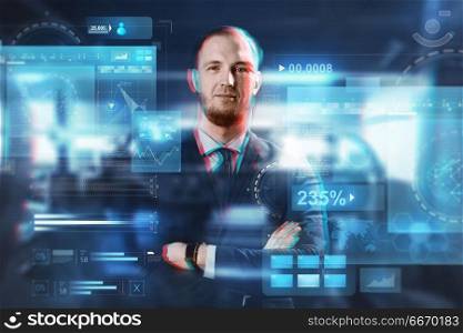 business, augmented reality, technology and cyberspace concept - close up of businessman in suit with virtual screens over abstract background. close up of businessman with virtual screens. close up of businessman with virtual screens