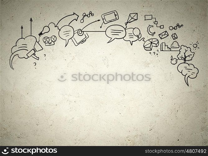 Business background image. Business background image with drawn ideas and concepts. Collage