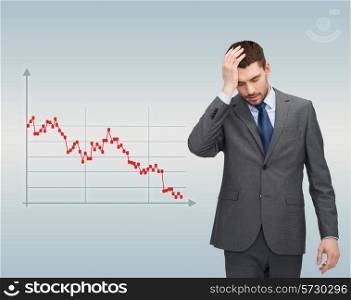 business, bankruptcy, people and stress concept - unhappy businessman over gray background and forex graph going down