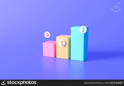 Business bar graph strategy concept on blue pastel background. Business increase positive money financials, leadership and growth, planning SEO, web analytics and marketing concept. 3d rendering