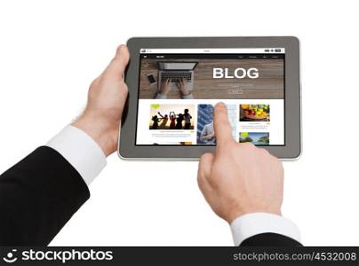 business, blogging, internet and technology concept - close up of man hands holding tablet pc computer with internet blog page on screen