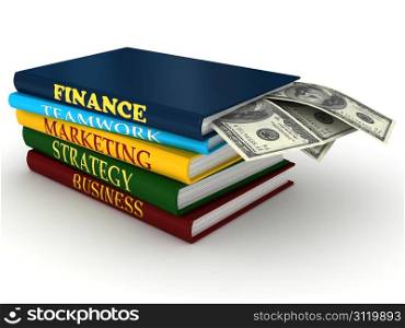 Business books with money. 3d rendered image