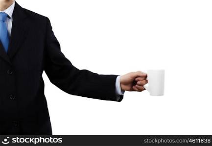 Business break. Businessman holding white blank cup in hand