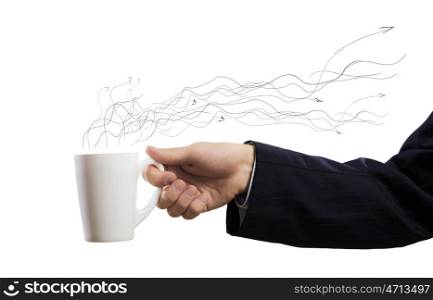 Business break. Businessman holding white blank cup in hand