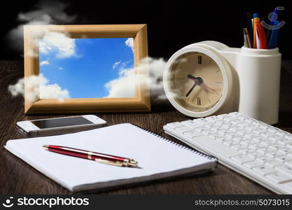 Business break. Close up of office workplace with notepad and keyboard