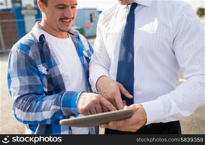 business, building, construction, technology and people concept - close up of builder and businessman with tablet pc computer outdoors
