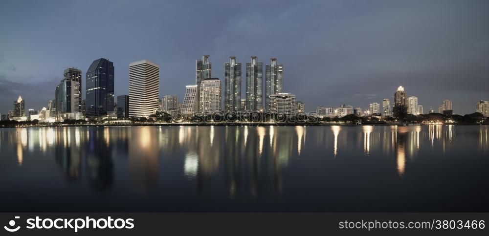 business buildings area and office, cityscape at twilight panorama