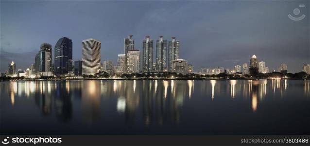 business buildings area and office, cityscape at twilight panorama