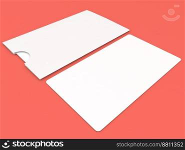 Business card blank mockup on red background. 3d render illustration.. Business card blank mockup on red background. 