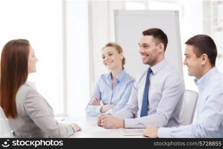 business, career and office concept - smiling businesswoman at job interview in office