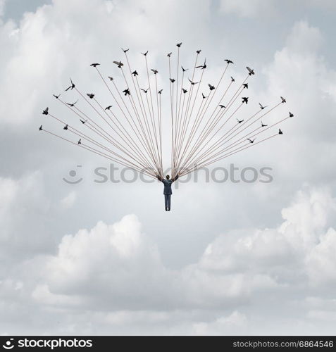 Business career help concept and support system symbol as a group of birds lifting up a businessman as a financial or corporate metaphor for faith or development assistance in a 3D illustration style.