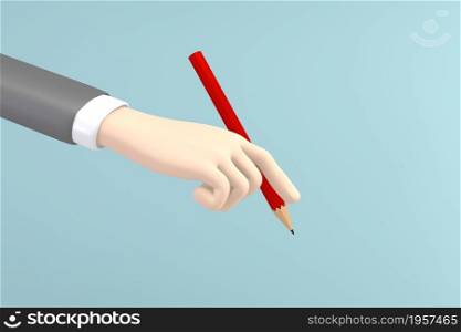 Business cartoon mockup hand holding a red pencil on mint background. 3D rendering