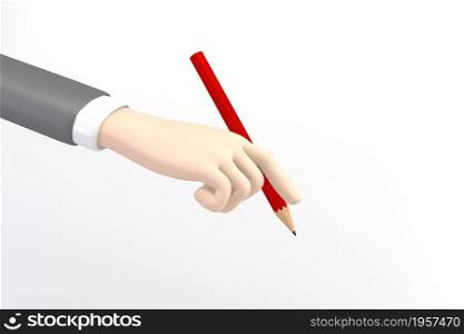 Business cartoon mockup hand holding a red pencil on white background. 3D rendering