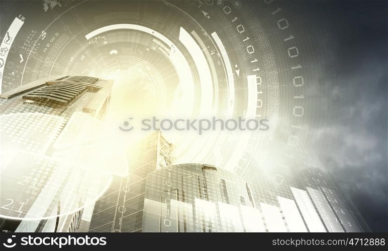 Business center. Digital image of bottom view of tall skyscraper