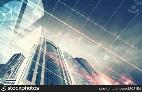 Business center. Digital image of bottom view of tall skyscraper