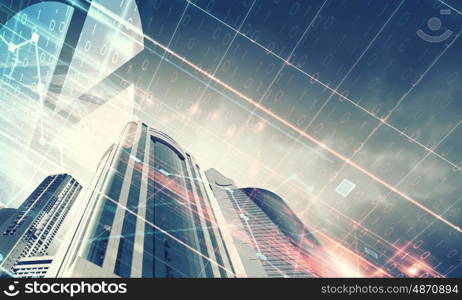 Business center. Digital image of bottom view of tall skyscraper