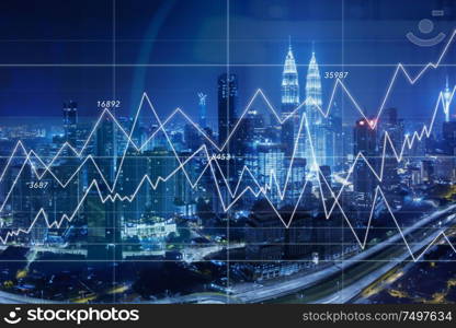 Business charts with night city skyline background . Financial economic growth concept