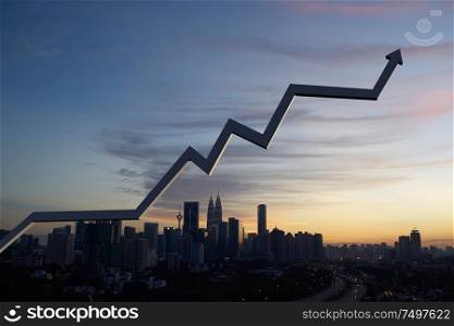 Business charts with sunrise city skyline background . Financial economic growth concept