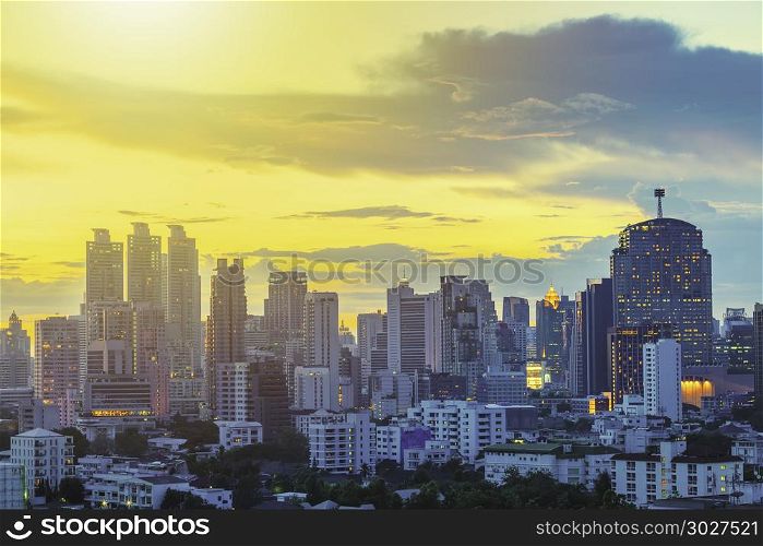 Business city center of Bangkok at sunset with beautiful sky. Tr. Business city center of Bangkok at sunset with beautiful sky. Travel to Thailand. Picture for add text message. Backdrop for design art work.