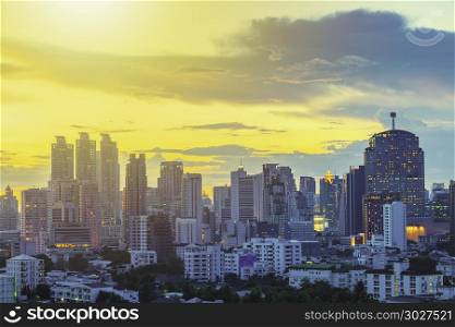 Business city center of Bangkok at sunset with beautiful sky. Tr. Business city center of Bangkok at sunset with beautiful sky. Travel to Thailand. Picture for add text message. Backdrop for design art work.