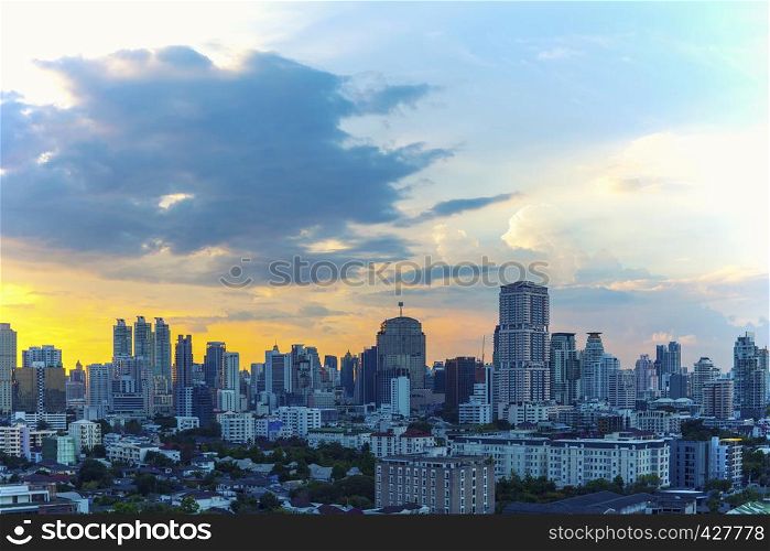 Business city center of Bangkok at sunset with beautiful sky. Travel to Thailand. Picture for add text message. Backdrop for design art work.