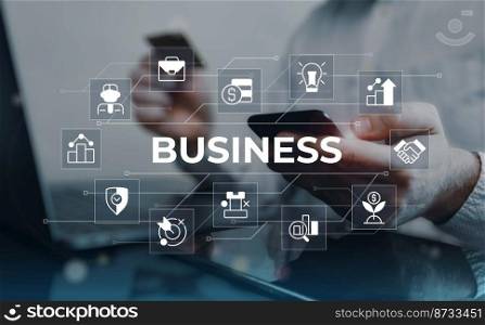 Business closeup concept image with white glyph icons. Three quarter perspective photo of man paying via smartphone on background. Picture for web banner, infographics, blog, news and article. Business closeup concept image with white glyph icons