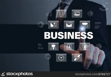 Business closeup concept image with white glyph icons. Career opportunity. Front view photo of businessman touching screen on background. Picture for web banner, infographics, blog, news and article. Business closeup concept image with white glyph icons