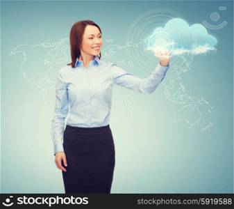 business, cloud computing and future technology concept - young businesswoman working with virtual screen