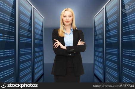 business, cloud computing and technology concept - businesswoman or admin in data center over server room background. businesswoman or admin over server room background. businesswoman or admin over server room background