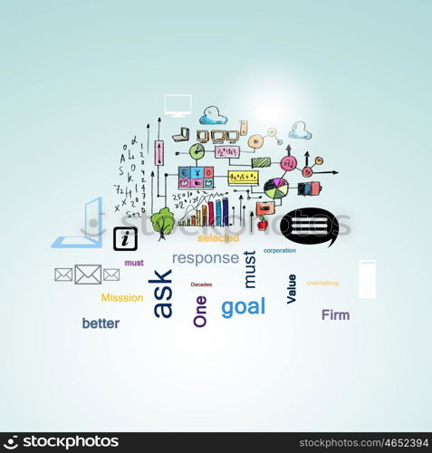 Business collage. Background image with business sketch strategy and icons