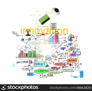 Business collage. Background image with business sketch strategy and icons